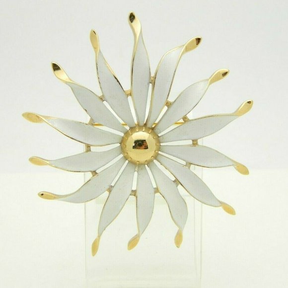 Trifari Jewelry - Crown Trifari White Enamel Large Flower Gold Tone